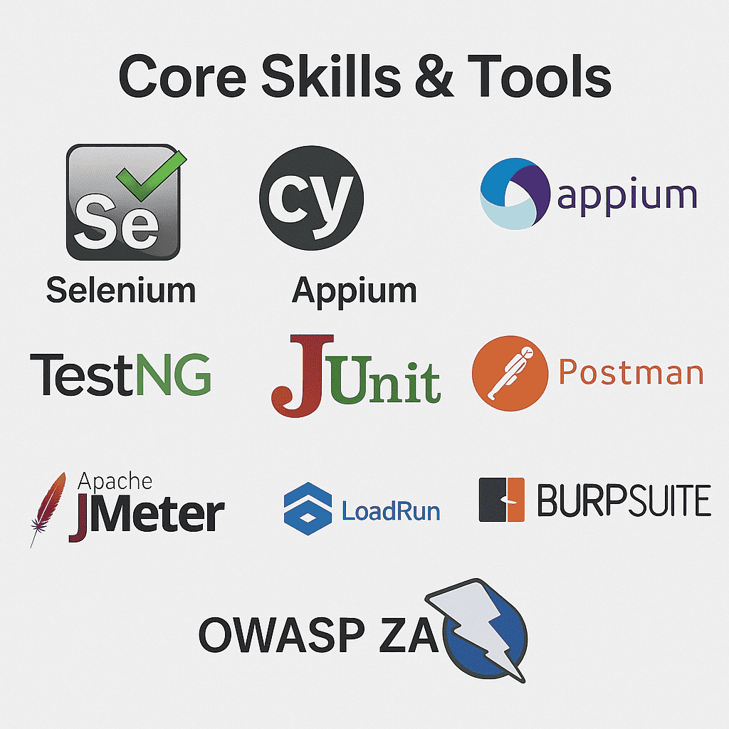 Core Skills & Tools Selenium Cypress Appium TestNG JUnit Postman JMeter LoadRunner Burp Suite OWASP ZAP