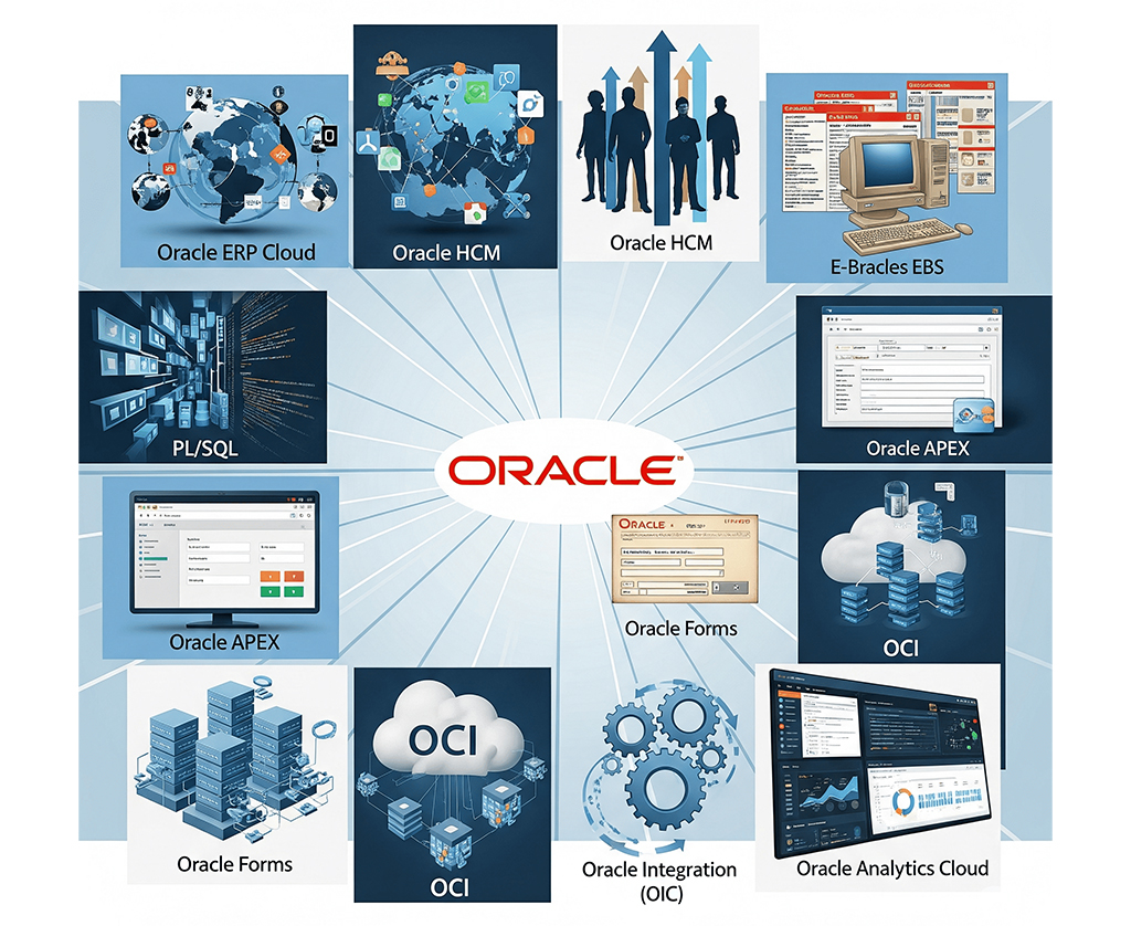 Oracle ERP Cloud Oracle HCM Oracle EBS PL/SQL Oracle APEX Oracle Forms OCI racle Integration Cloud (OIC)Oracle Analytics Cloud