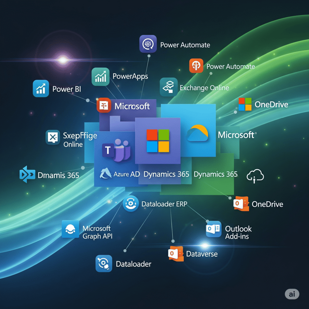 Power BI PowerApps Power Automate (Flows) SharePoint Online Exchange Online Microsoft Teams OneDrive Dynamics 365 CRM Dynamics 365 ERP (Business Central, F&O) Azure AD Microsoft G