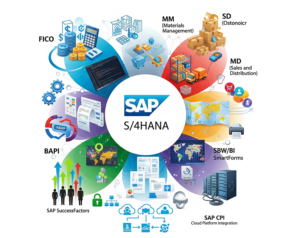 SAP S/4HANA FICO MM SD ABAP BAPI SmartForms SAP BW/BI SAP SuccessFactors SAP Basis SAP CPI (Cloud Platform Integration)